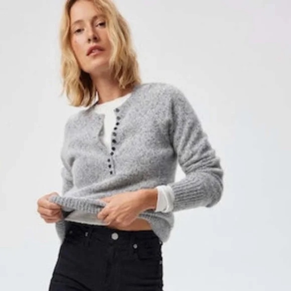 AMO Juliana Alpaca/Cotton Blend Henley Sweater in Grey Frost